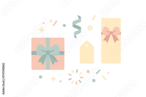 Pastel gift boxes with bows, blank tag, curling ribbon, and scattered confetti elements