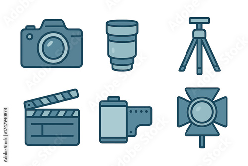 Essential photography and filmmaking equipment set featuring camera lens tripod and clapperboard