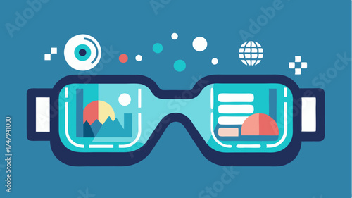 A pair of augmented reality glasses showing overlays of digital information in a users field of vision with icons for navigation and social media updates.