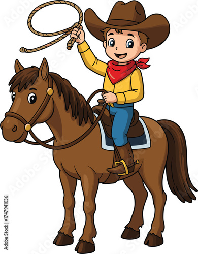  Cute cartoon cowboy riding horse holding lasso, funny western character illustration, adorable ranch boy vector design for kids and education use