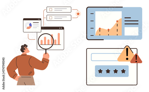 Man analyzing bar and line graphs with magnifying glass, warning signs, and rating interface. Ideal for data analysis, risk management, business insights, performance tracking, decision-making