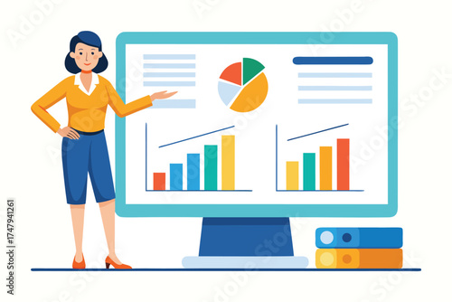 Woman presenting financial data and charts on a large computer screen
