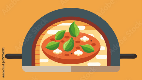 A rustic pizza oven being used to cook a gourmet pizza topped with fresh basil mozzarella and heirloom tomatoes.
