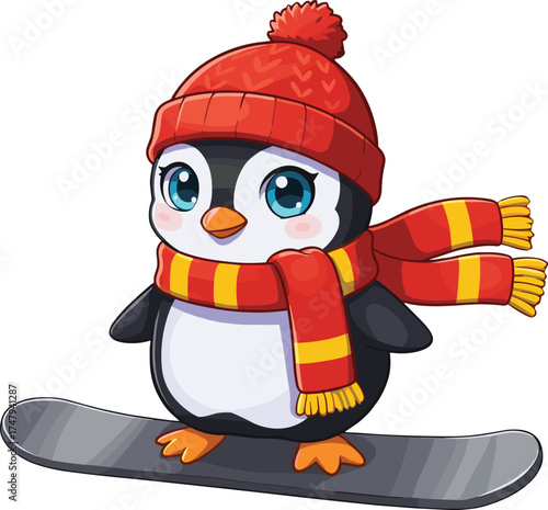  Cute cartoon penguin wearing red hat and scarf snowboarding, winter sports animal character illustration, adorable penguin mascot for kids, Christmas holiday design