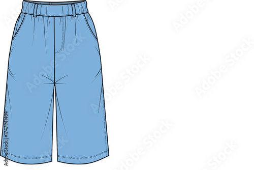 Technical fashion illustration of knee-length casual shorts with elastic waistband, side pockets, visible stitching, and front view garment details