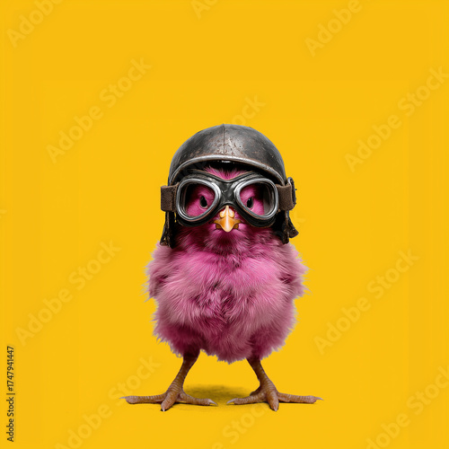 A pink chick wearing vintage aviator goggles and a pilot cap stands against a flat background, embodying a bold spirit of adventure and self-expression