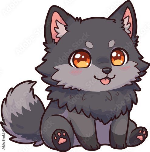 Cute cartoon wolf pup sitting, adorable baby animal character illustration for kids, funny gray wolf vector art, kawaii wild animal mascot