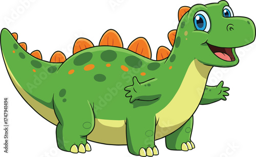 Cute green dinosaur cartoon character smiling happily, adorable prehistoric animal illustration for kids, funny jurassic reptile vector design isolated on white background