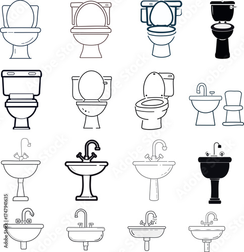 Restroom and WC Icon Sheet
Simple restroom icons with toilet, sink figures in vector style.