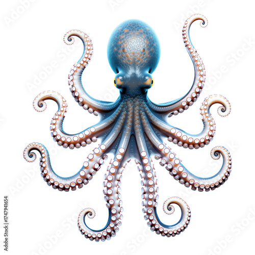Blue Octopus with Glossy Tentacles, 3D Realism Illustration on Transparent Background