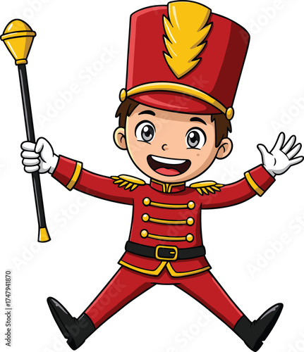  Happy cartoon marching band boy leader in red uniform holding baton, cute parade drum major illustration, cheerful kid character vector art design