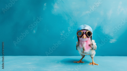 A pink chick wearing vintage aviator goggles and a pilot cap stands against a flat background, embodying a bold spirit of adventure and self-expression