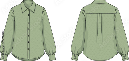 Technical fashion illustration of quilted long sleeve blouse front and back views with collar, pleats, buttons for apparel design