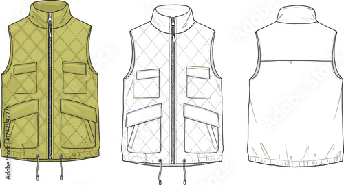 Technical fashion illustration of quilted vest front and back views with flap pockets, zipper closure, drawstring hem, and high collar design