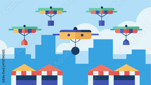 Multiple drones flying in coordinated paths above a market district with colorful awnings and bustling crowds below.