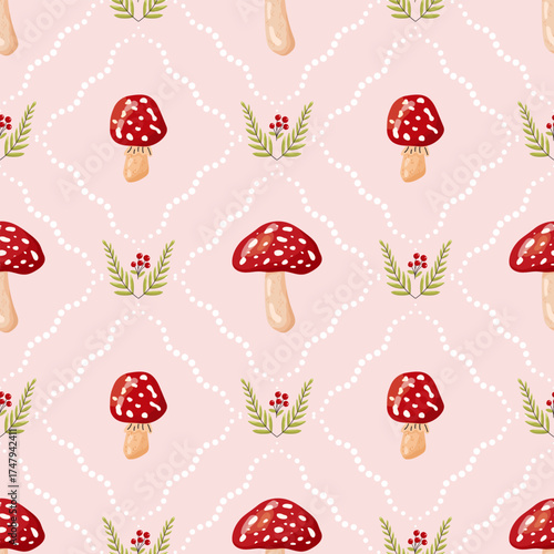 Seamless vector pattern with fly agaric mushrooms, autumn leaves, and forest foliage. Ideal for textiles, fabric, wallpapers, and wrapping paper with a seasonal rustic woodland theme