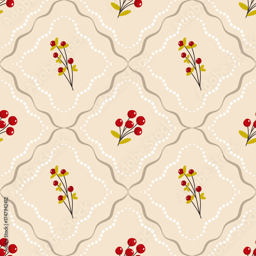 Vector seamless pattern red berries and delicate branches framed by decorative dotted lines. Elegant autumn design, perfect for textile, wrapping paper, wallpaper, and holiday-themed products