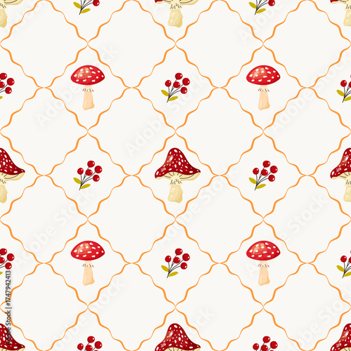 Vector seamless pattern with fly agaric mushrooms and autumn berry on a pastel background. Cute design, ideal for textiles, wrapping paper, wallpapers, and seasonal decorative projects