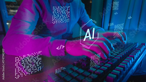 Computer coding prompt cyber security futuristic artificial intelligence in business finance, AI-powered analyze big data, showing charts and performance metrics for strategic planning.