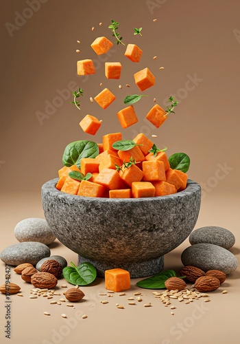 Rustic stone bowl filled with cubed orange sweet potatoes and green leafy vegetables — studio shot with warm lighting, natural ingredients, and modern clean food composition emphasizing health and nut