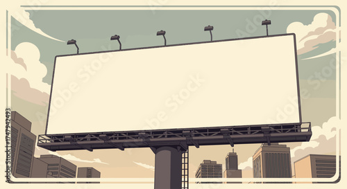 A large blank billboard standing tall against a retro cityscape, an empty canvas for advertising and commiunication., copy space