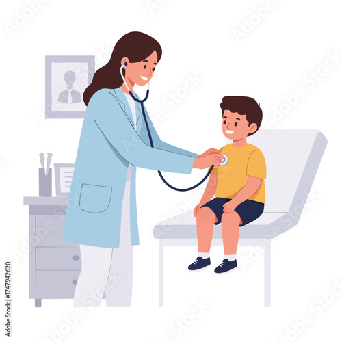  a female pediatrician wearing a light blue medical coat and white pants, stethoscope around her neck, checking a small boy’s heartbeat with a stethoscope.