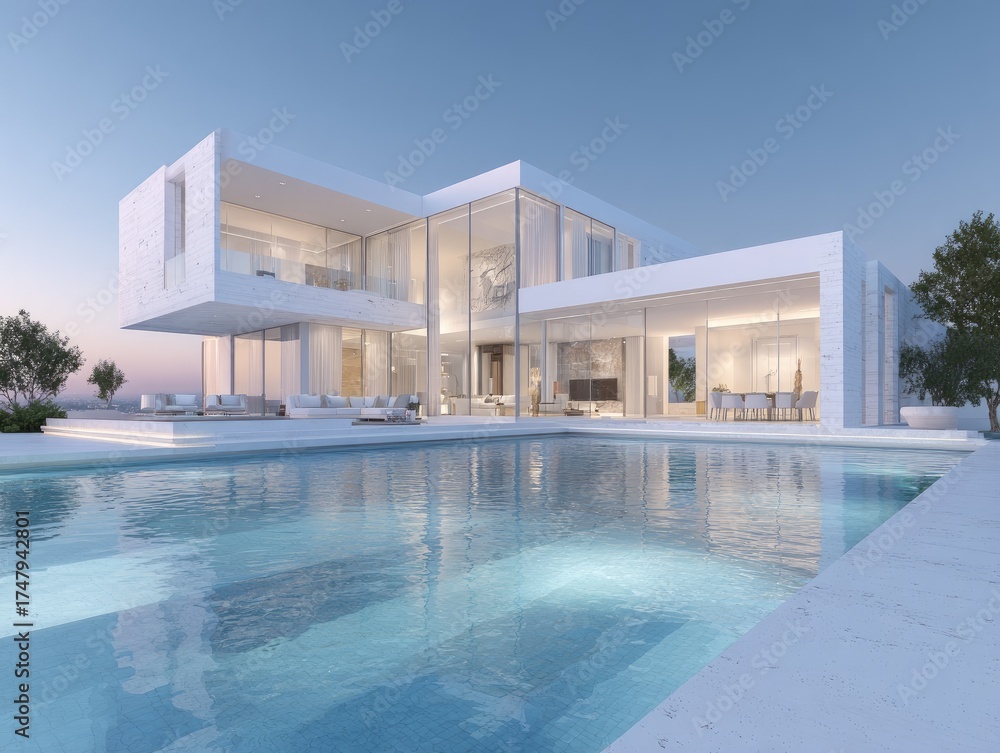 Fototapeta premium Modern white villa with pool at twilight