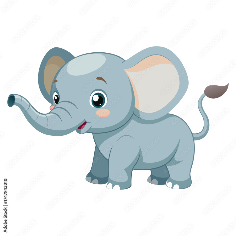 Fototapeta premium Cute cartoon baby elephant with big ears and a happy expression
