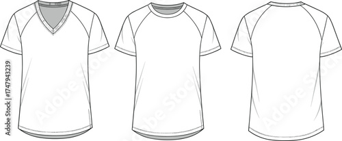Technical fashion illustration of short sleeve t-shirts with V-neck, raglan sleeve, crew neck, and back view seam construction details