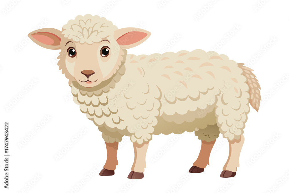 Fototapeta premium Cute cartoon sheep standing looking forward on white background