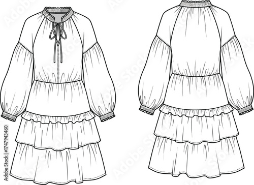 Technical fashion illustration of tiered dress front and back views with ruffled neckline, keyhole tie, voluminous sleeves, and gathered tiers