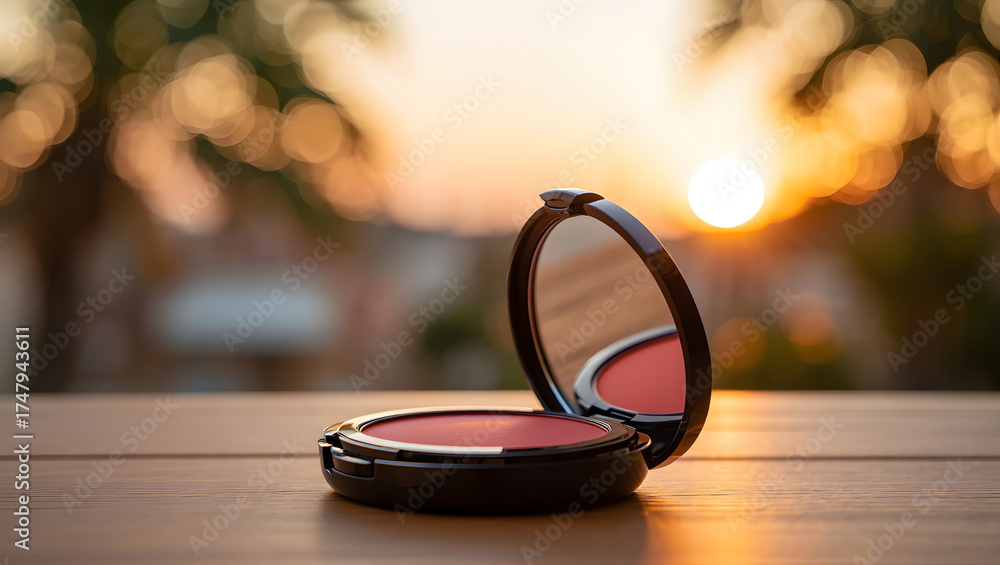 Fototapeta premium Makeup blush compact with mirror on wooden surface against a blurred sunset background outdoors scene