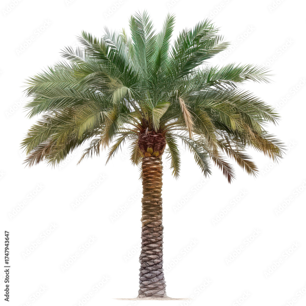 Obraz premium Tropical palm tree with green fronds and textured trunk isolated on Transparent Background