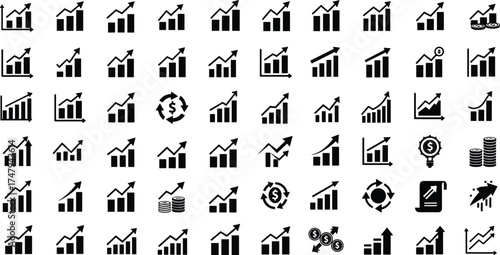 Business growth chart icons, financial analytics symbols, profit increase graphs, success rate data visualization, marketing performance infographic, economic progress illustration