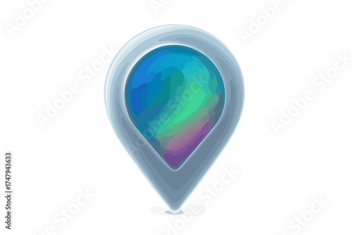 Stylized three dimensional map pin with vibrant holographic gradient fill