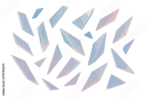 Scattered abstract geometric shards with iridescent holographic gradient colors on white background