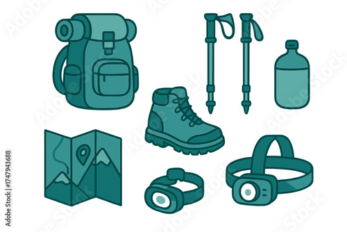 Essential outdoor adventure equipment set including backpack hiking boots map and trekking poles