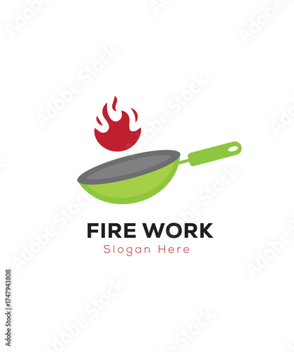 Frying pan logo design, Vector pan with a fire logo design concept illustration idea, fire work cooking logo