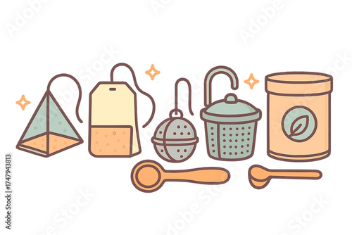 Essential tools and equipment for brewing hot tea, including bags, strainers, infusers, and spoons