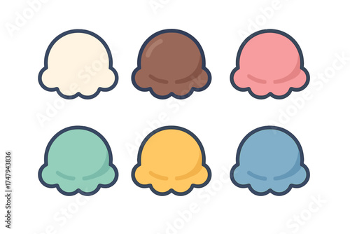 Six colorful scoops of delicious ice cream flavors arranged on a white background