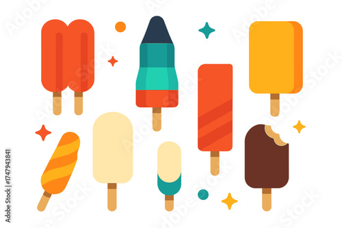 Bright summer frozen desserts including popsicles and chocolate covered ice cream bars
