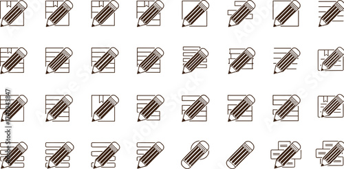 Document pencil icon set, writing design, note editing symbol, creative content concept, minimal vector illustration, brown line art graphic