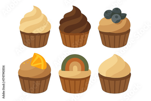 Assortment of sweet baked cupcakes with various frosting swirls and decorative toppings