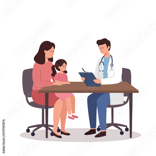 a pediatrician sitting at a desk with a clipboard, talking to a mother and her daughter, doctor wearing a white coat with light blue shirt inside.