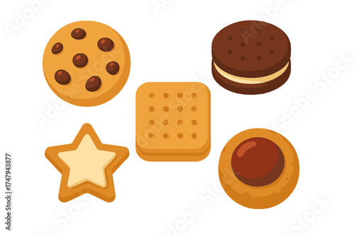 Variety of delicious sweet baked cookies and biscuits isolated on a white background