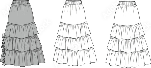 Technical fashion illustration of tiered skirt front and back views with elastic waistband, gathered layers, fabric texture, and stitching details