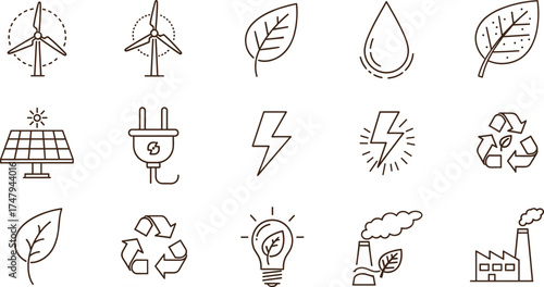 Eco energy line icons, renewable resources symbols, sustainability, solar and wind power, recycling, green electricity, clean industry, environmental conservation illustration