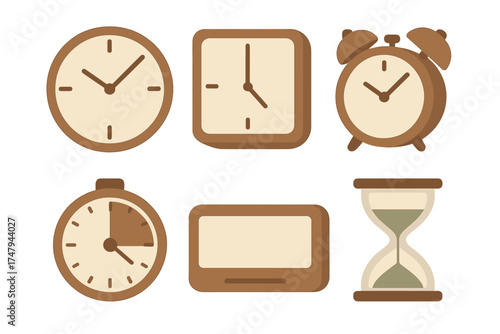 Time measurement devices set including analog clocks, stopwatch, and hourglass