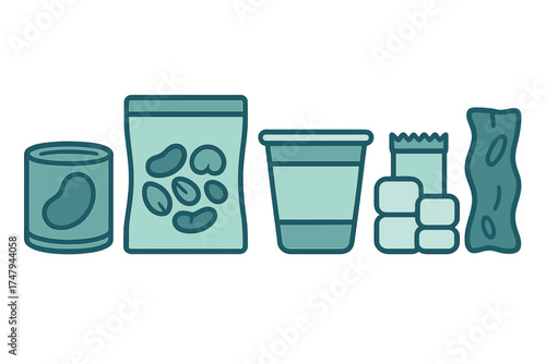 Common packaged grocery items including canned goods bagged beans and various containers