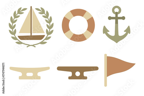 Stylized marine and sailing symbols including anchor, lifebuoy, sailboat, and mooring cleats